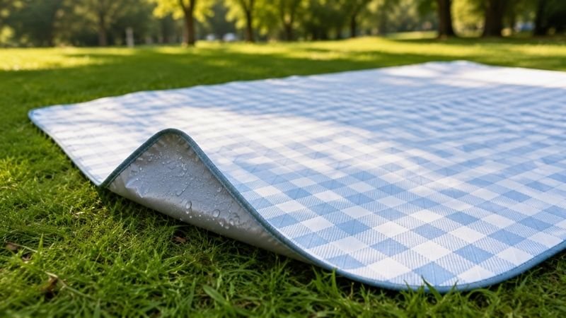 Waterproof picnic blanket spread out on green grass in a sunny park showing one of the most important picnic essentials