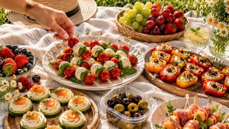 Variety of easy picnic finger foods including caprese skewers, stuffed mini peppers and cucumber rounds with a hand reaching to grab one