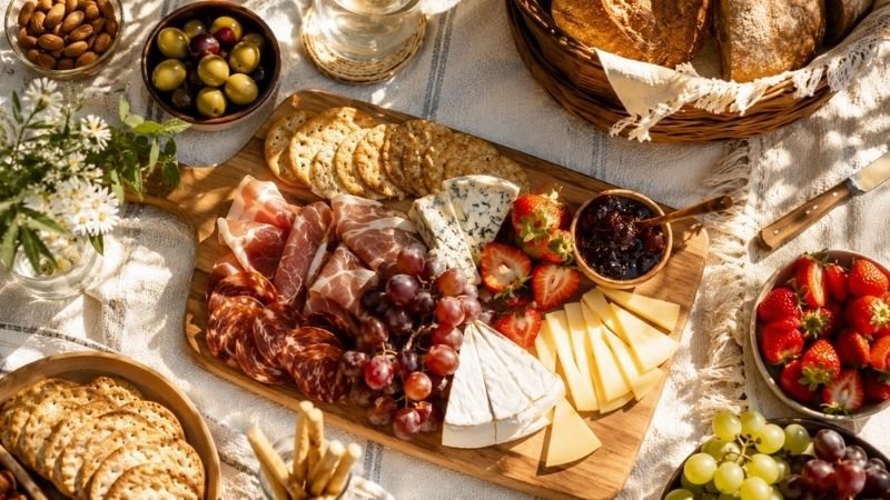 Overhead view of a beautiful outdoor picnic food spread with cheese, cured meats, crackers, olives and fresh fruit showing the best picnic food ideas