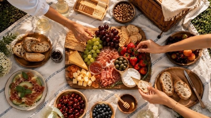 Overhead view of an abundant picnic food spread with charcuterie, cheese, fruit, crackers and olives on a blanket showing the best easy picnic food ideas