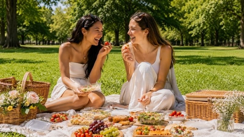 Two young friends laughing and enjoying picnic food on a sunny park blanket showing how the right picnic food ideas make for a perfect outdoor afternoon