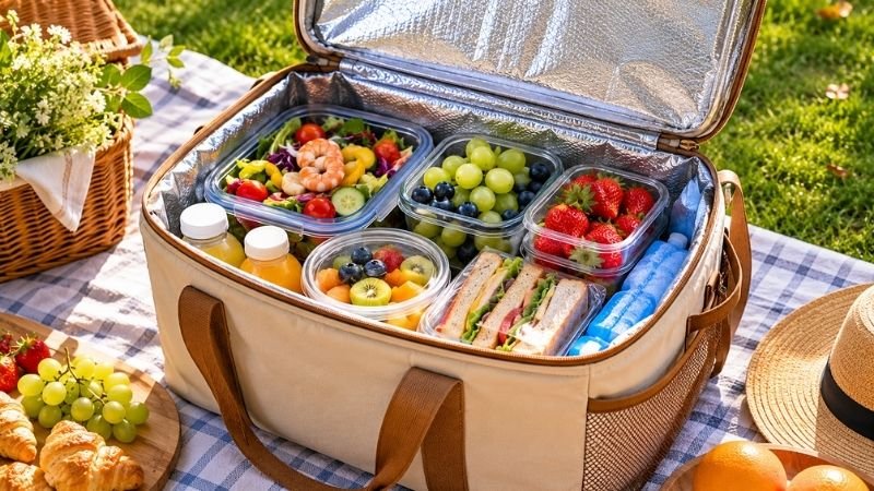 Insulated picnic cooler bag with ice packs and food containers showing proper picnic food safety storage to keep food at safe temperatures