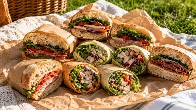 Colorful halved picnic sandwiches and wraps on parchment paper showing easy picnic lunch ideas that travel well