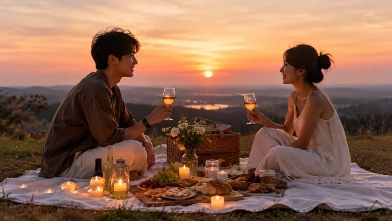 Two people sitting on an elegantly arranged picnic blanket at sunset with candles and drinks showing a romantic date picnic setup