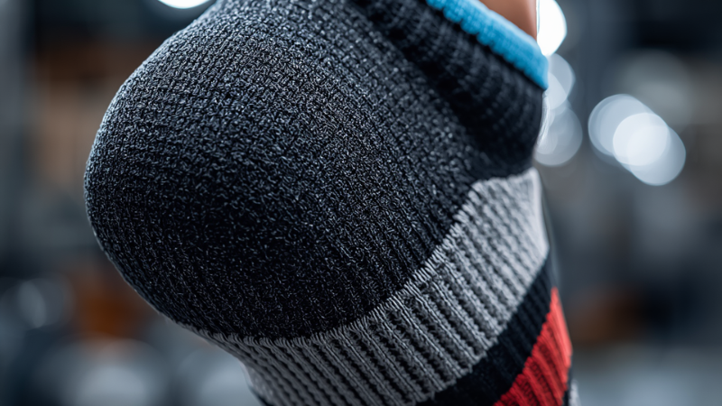 Macro close-up shot of a technical hiking sock's knit pattern, highlighting the reinforced cushioned heel and breathable mesh zones for moisture management.