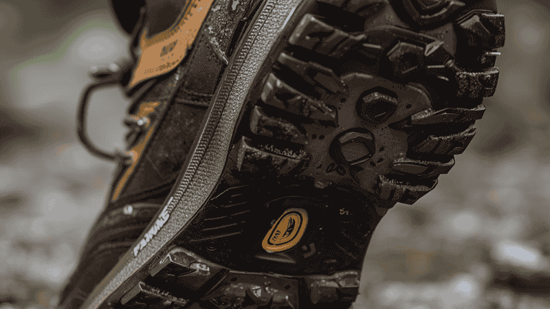 Macro close-up of a premium women's hiking boot outsole showing deep multi-directional lugs and mud-shedding channels for superior grip on slippery terrain.