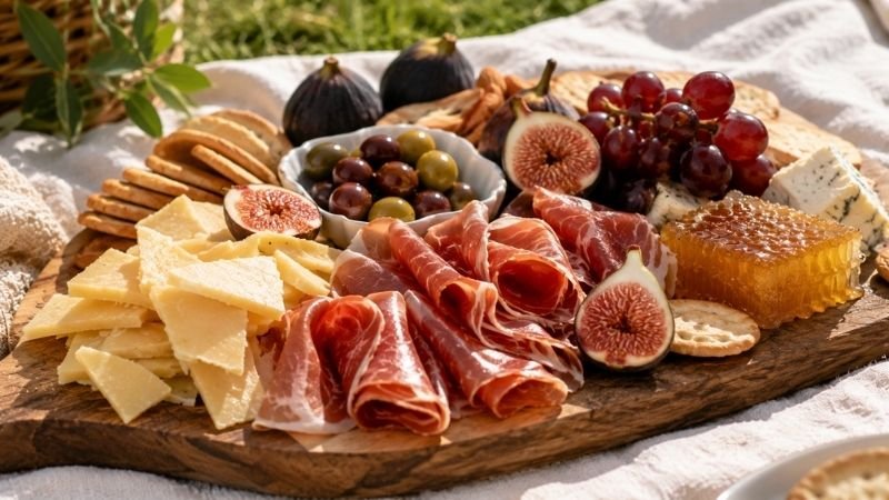 Beautiful charcuterie board with cheese, cured meats, crackers, figs and olives outdoors showing the best zero-prep picnic food ideas