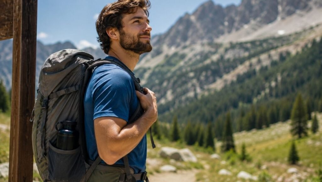 Young beginner hiker with a well-packed daypack standing confidently at a trailhead ready to start hiking showing the confidence that comes from having the right outdoor gear