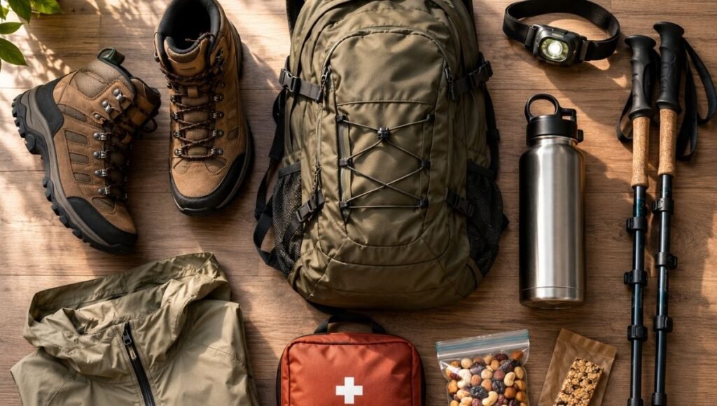 Complete beginner outdoor gear kit laid out in a flat lay including hiking boots, daypack, headlamp, trekking poles, water bottle and first aid kit showing everything needed to start hiking