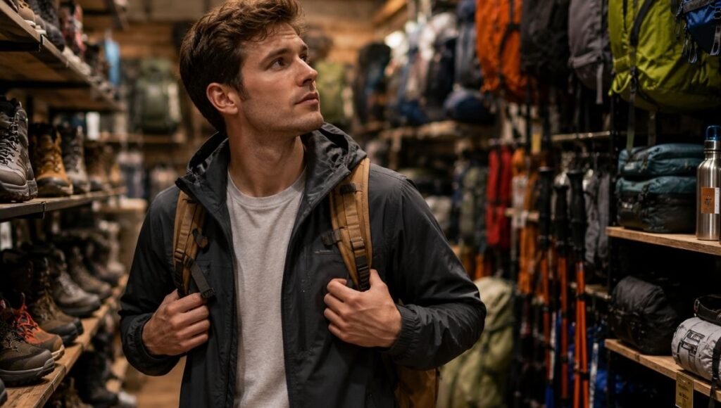 Young beginner standing in an outdoor gear store looking at hiking equipment showing the need for a priority framework when choosing outdoor gear for beginners