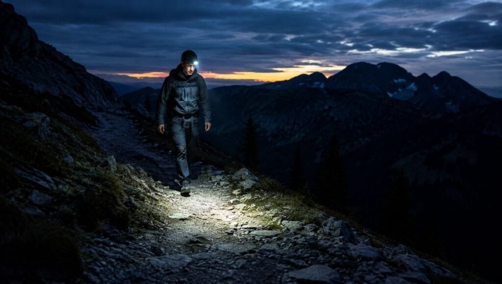 Hiker wearing a headlamp walking on a mountain trail in low light conditions showing the best headlamp for hiking in practical use