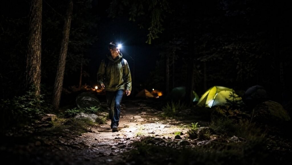 Young camper wearing a headlamp at night in a dark forest campsite with bright white light beam showing why a headlamp is essential for hiking and camping