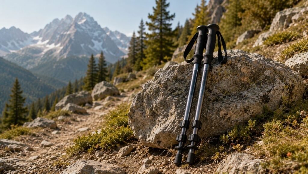 A pair of collapsed aluminum trekking poles leaning against a rock on a mountain trail showing the best hiking poles for beginners ready to use