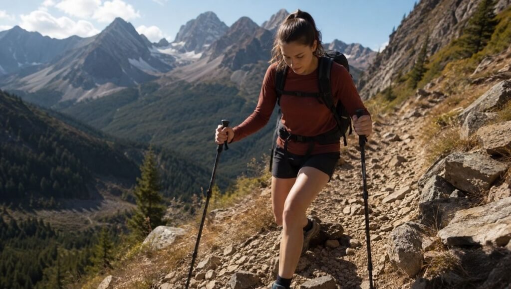 Young beginner hiker using trekking poles on a steep downhill mountain trail showing how hiking poles provide support and knee protection on descents