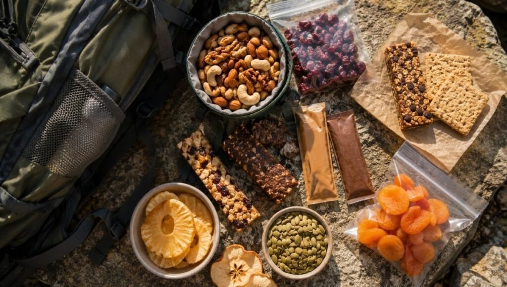 Overhead flat lay of a variety of best hiking snacks including mixed nuts, energy bars, dried fruit, crackers, and nut butter packets beside a daypack