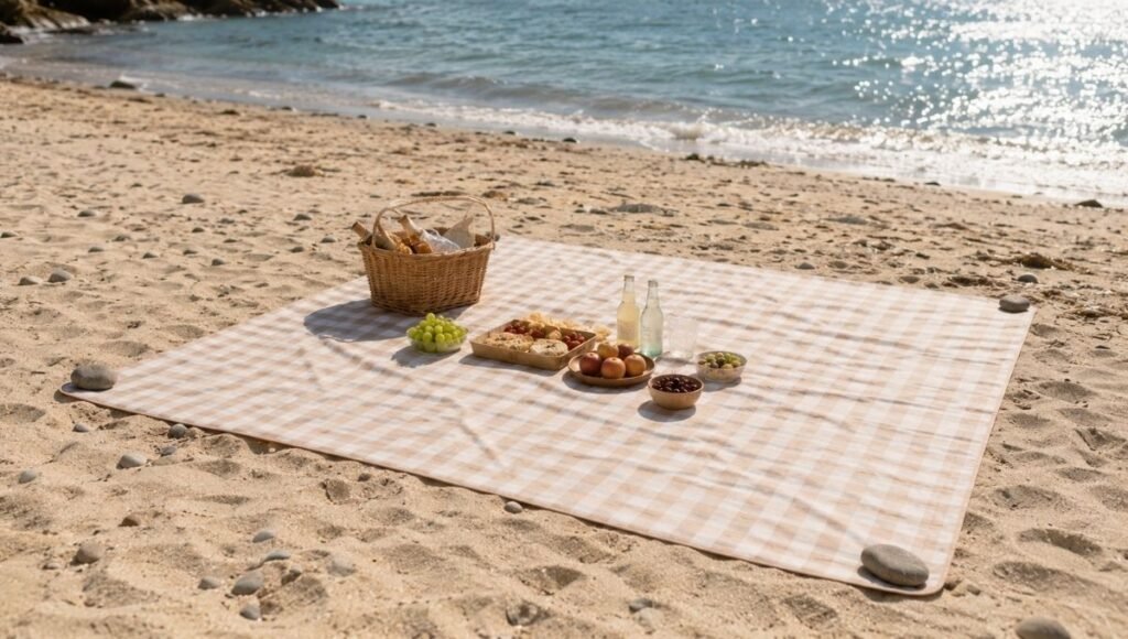 Smooth-topped picnic blanket on a sandy beach with stones anchoring the corners and picnic food on top showing the best setup for a beach picnic blanket