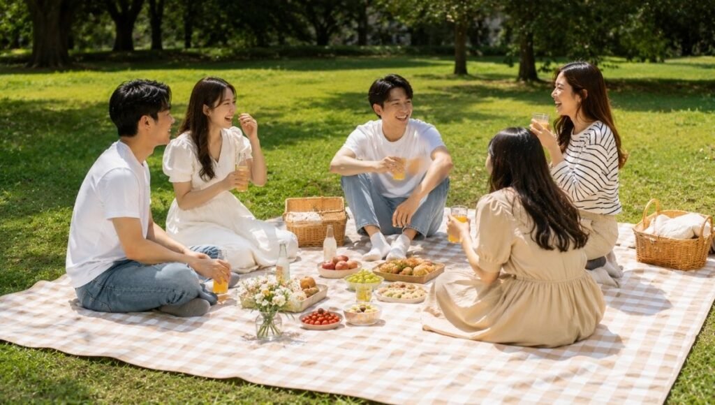Group of young friends sitting on a large picnic blanket in a sunny park with food spread between them smiling and enjoying the outdoors showing the joy of having the right picnic blanket