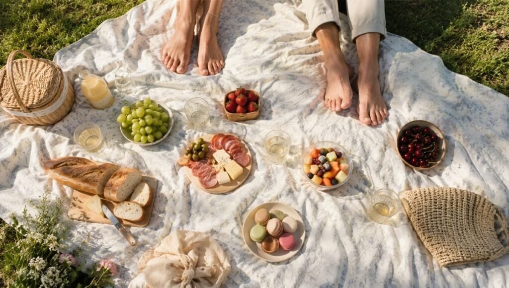 Beautiful waterproof picnic blanket on sunny park grass with food and drinks arranged on top showing the best picnic blanket in use
