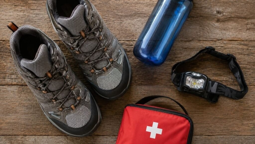 Flat lay of budget-friendly beginner hiking essentials including hiking shoes, water bottle, headlamp and first aid kit showing you don't need to spend a lot to start hiking