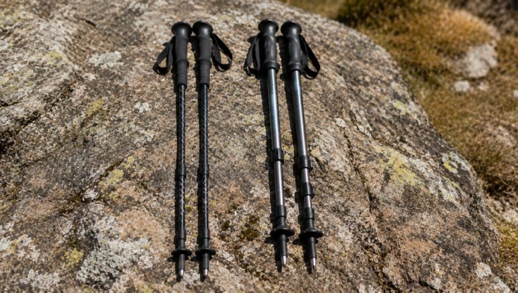 Side-by-side comparison of a carbon fiber trekking pole and an aluminum trekking pole showing the difference between the two materials for beginner hikers