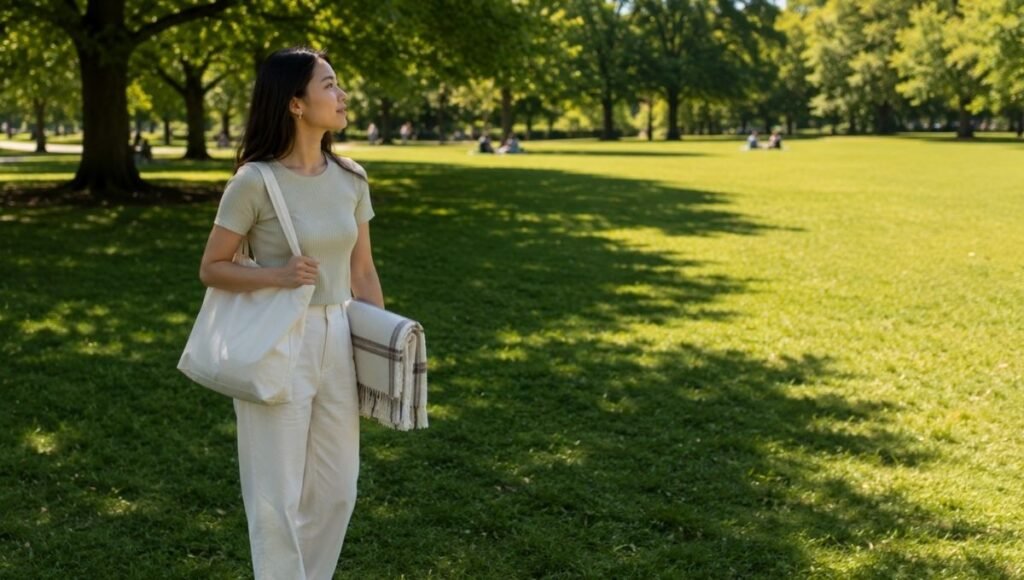 Young adult scouting a park for the ideal picnic spot with a mix of sun and shade showing how to choose the best location for a beginner picnic
