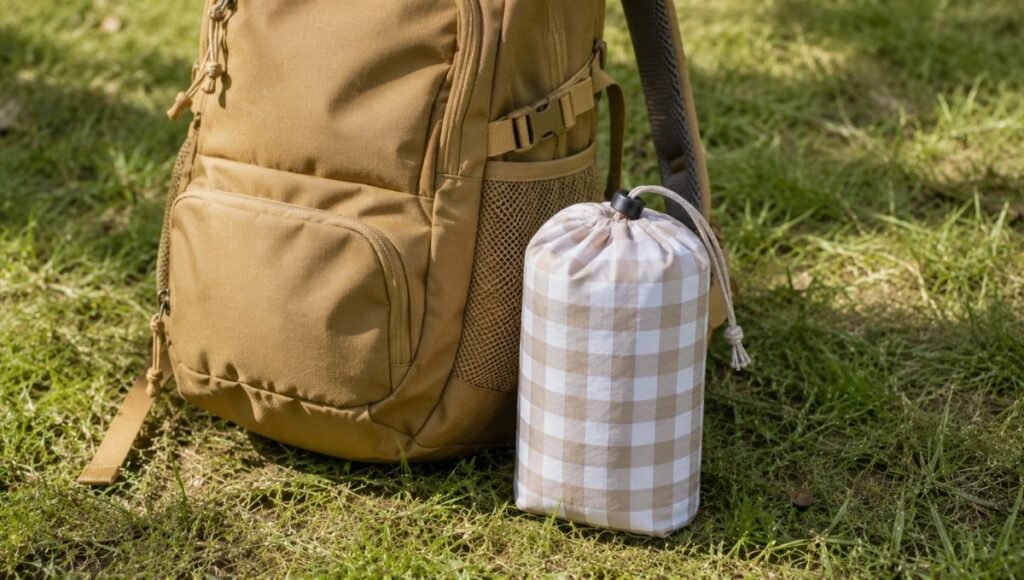 Compact folded picnic blanket in its stuff sack beside a daypack showing how small a foldable picnic blanket packs down for easy portability