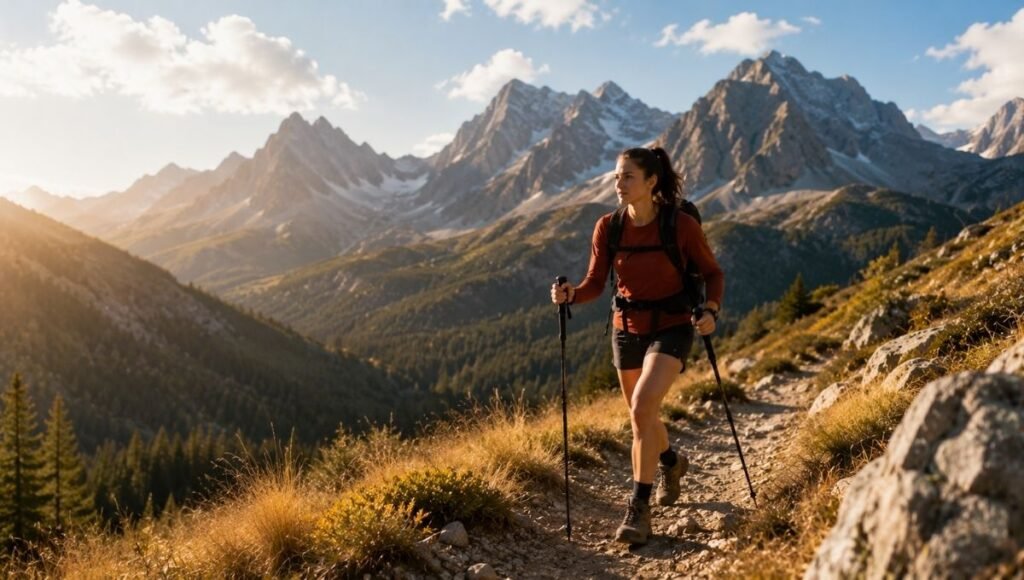 Young hiker confidently walking on a mountain trail using trekking poles with a purposeful stride showing the confidence and stability that the best hiking poles provide