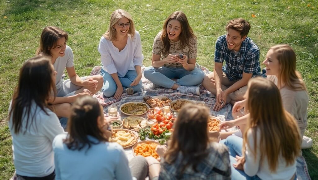 A group of friends sitting around a large picnic blanket with food spread between them laughing together showing a lively group picnic outing