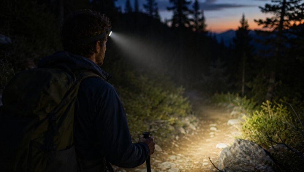 Hiker wearing a headlamp on a mountain trail in dim evening light showing why a headlamp is the most underestimated but essential piece of gear for beginner hikers