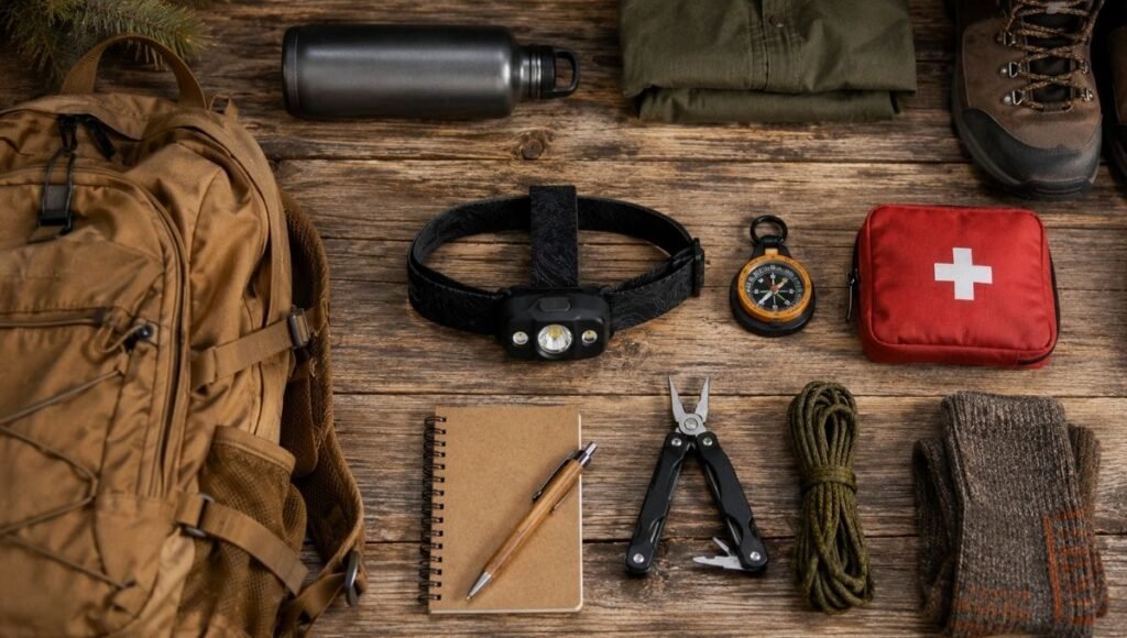 Flat lay of essential outdoor gear with a headlamp at the center surrounded by a daypack, water bottle, and first aid kit showing the headlamp as a key part of every hiker's kit