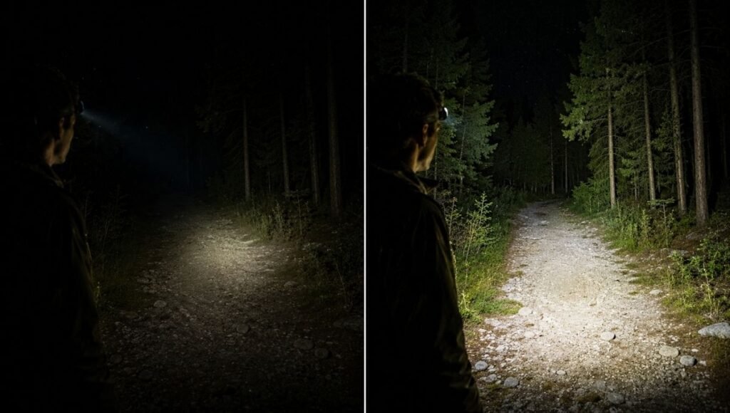 Side-by-side comparison of dim and bright headlamp beams on a dark trail showing the difference between low and ideal lumens for hiking