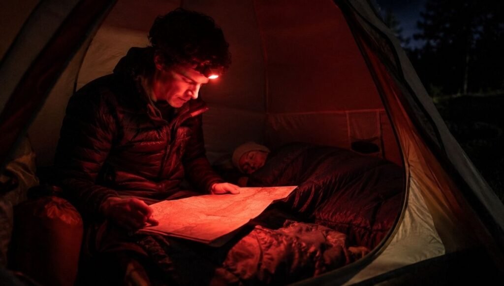 Camper using headlamp red light mode inside a tent to read a map without disturbing a sleeping tentmate showing why red light mode is essential for camping