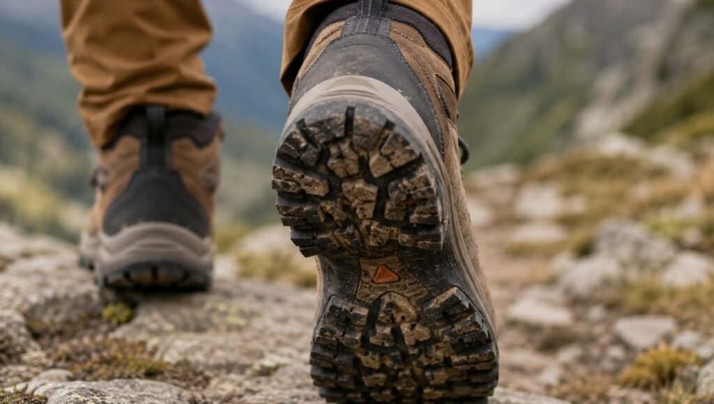 Close-up of hiking boots on rocky mountain terrain showing the importance of proper hiking footwear as the most important gear purchase for beginners