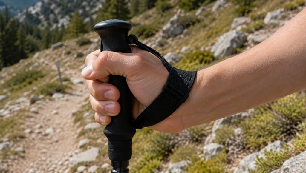 Close-up of a hiker's hand correctly using a trekking pole wrist strap showing the proper technique for using hiking pole straps to reduce hand fatigue