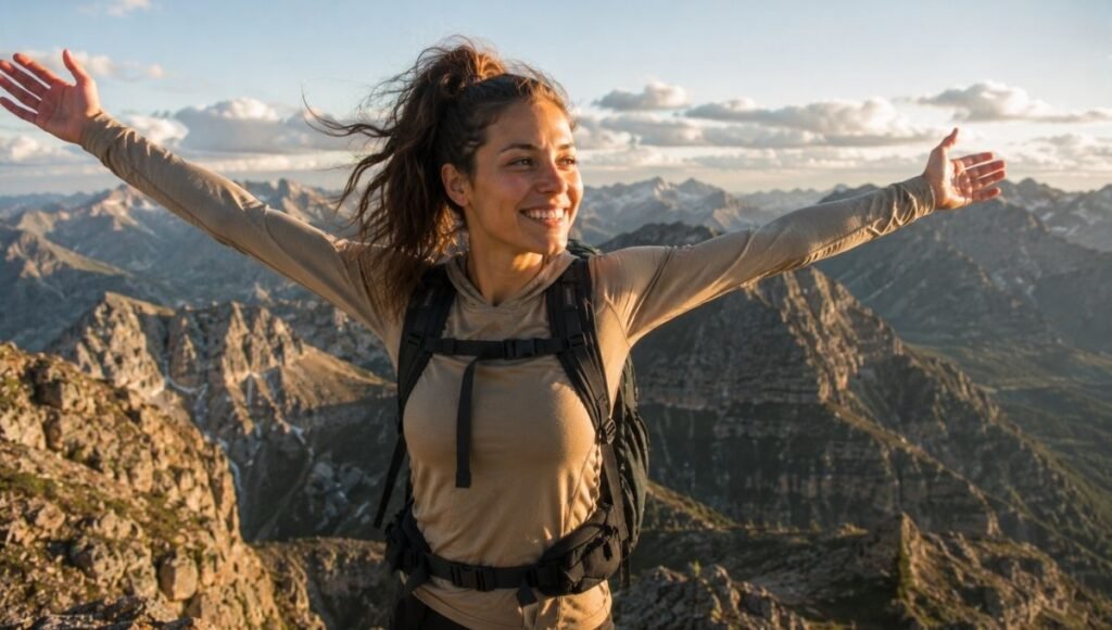 Young hiker standing energetically at a mountain summit with arms spread wide showing the energy and accomplishment that comes from properly fueling with the right hiking snacks