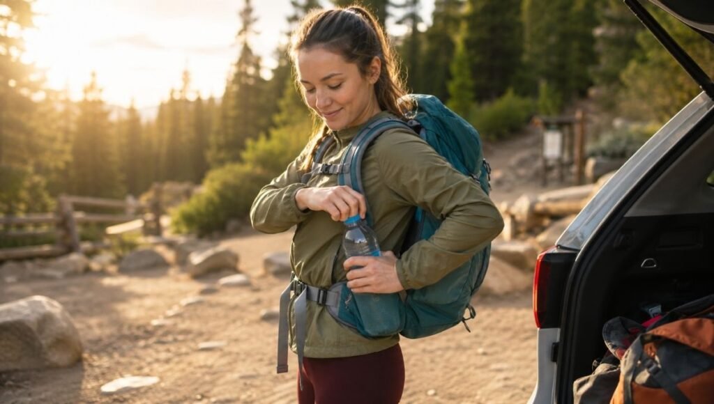 Hiker placing a full water bottle into their backpack side pocket at the trailhead showing proper hydration preparation before a hike with the best hiking water bottle