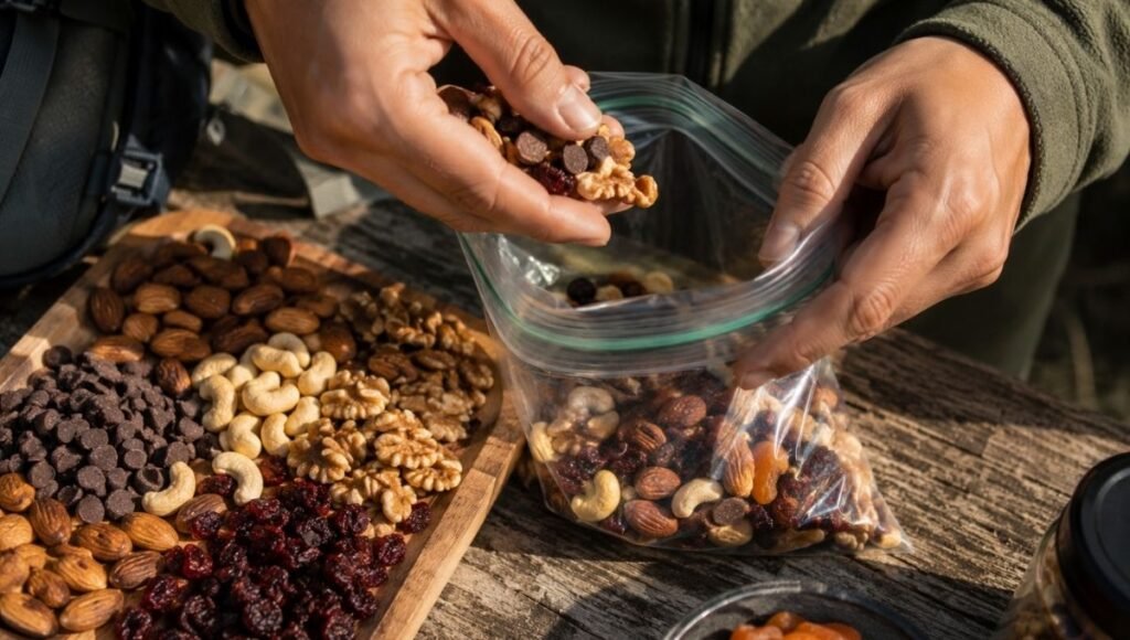 Hands mixing nuts, dried fruit, and dark chocolate chips into a bag showing how to make homemade trail mix as one of the best DIY hiking snacks