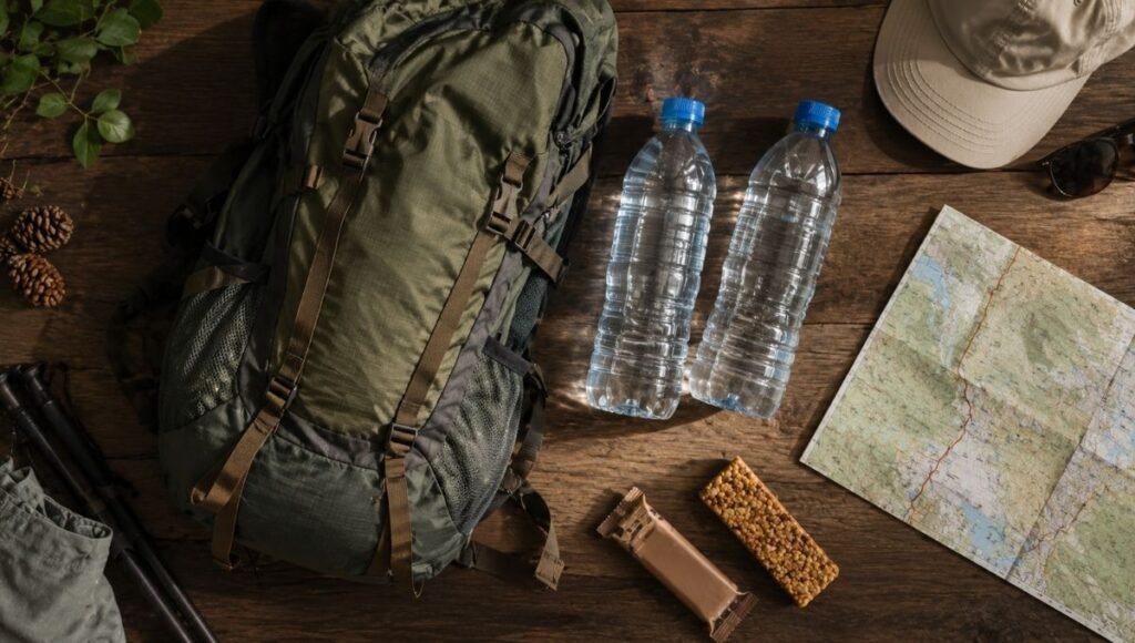 Two full one-liter water bottles beside a hiking daypack showing how much water to bring hiking for a beginner day hike