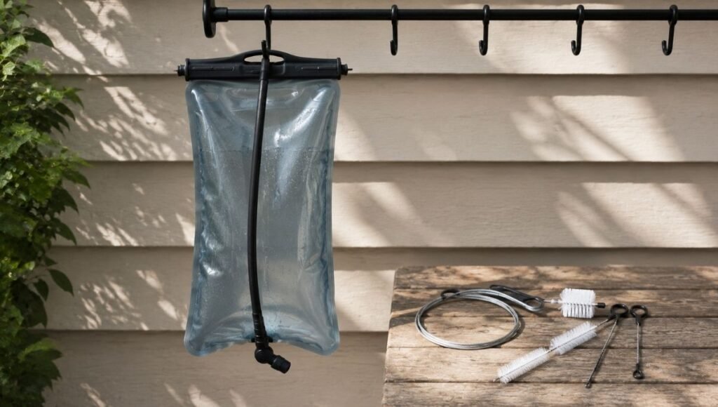 Hydration bladder hanging upside down to air dry completely with a tube cleaning brush kit beside it showing proper hydration bladder cleaning and maintenance