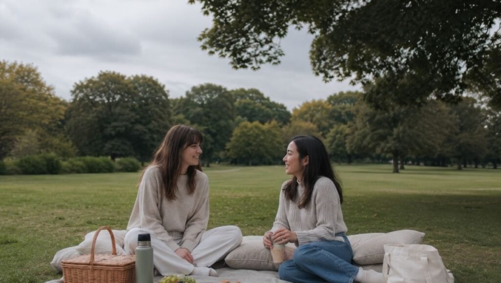 A picnic blanket on grass under soft overcast light with two people relaxing showing that picnics work beautifully even on cloudy days