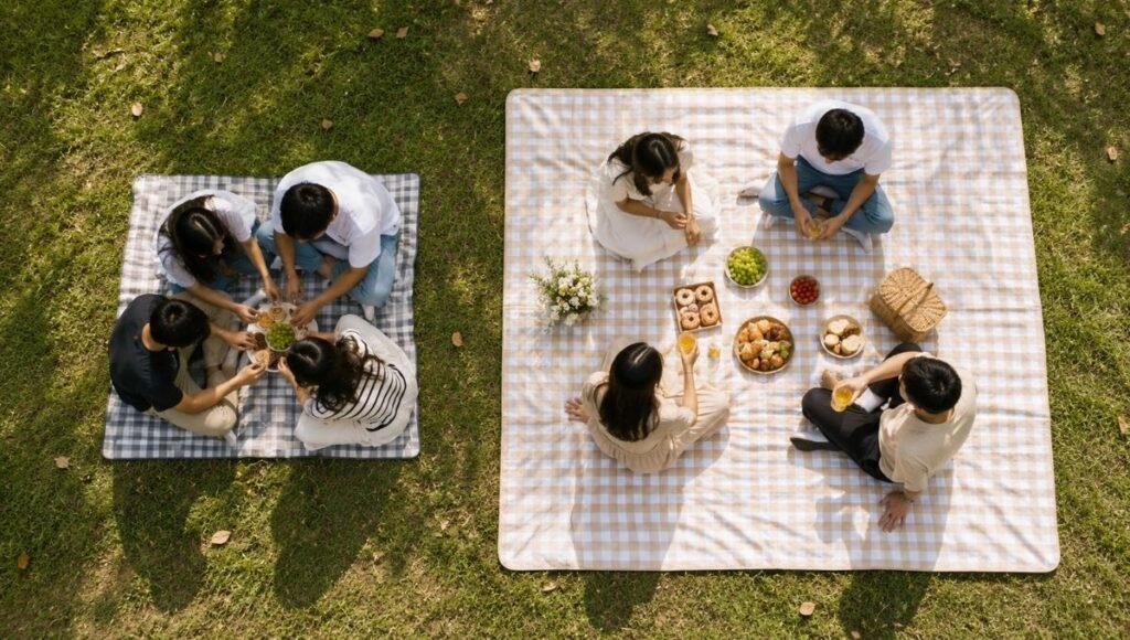 Overhead view comparing a small picnic blanket with cramped seating versus a large picnic blanket with comfortable space showing the importance of choosing the right blanket size