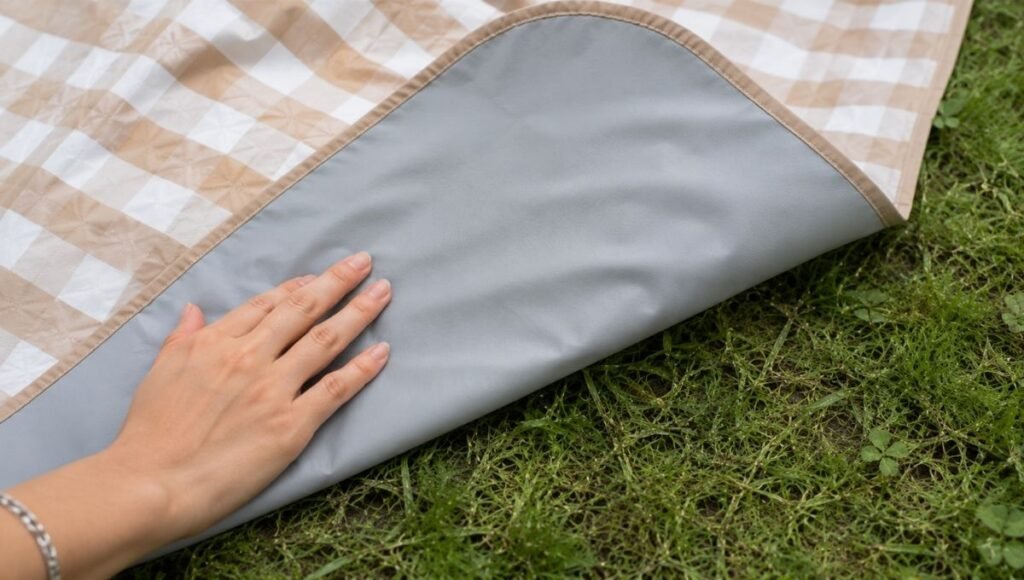Close-up of a picnic blanket flipped over showing the waterproof backing material with a hand touching the bottom layer demonstrating what makes a blanket truly waterproof