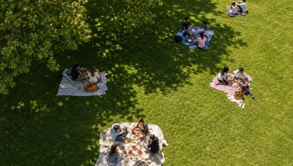 Overhead view of a sunny park with picnic blankets spread across the lawn showing the low-commitment appeal of picnicking and day trips for beginners