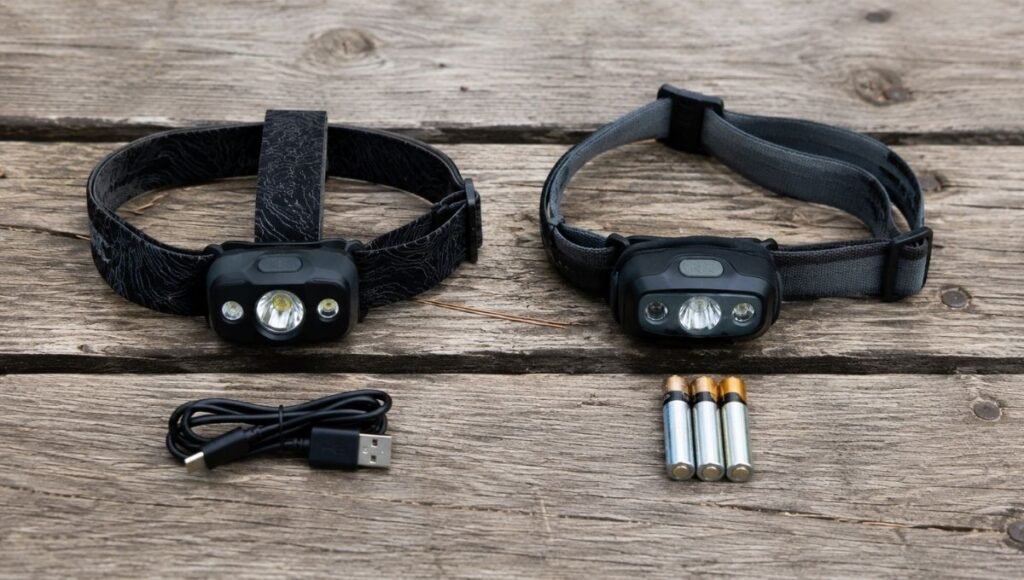 Side-by-side flat lay of a rechargeable headlamp with USB cable and a battery-powered headlamp with AAA batteries showing the comparison between rechargeable and battery headlamps for hiking