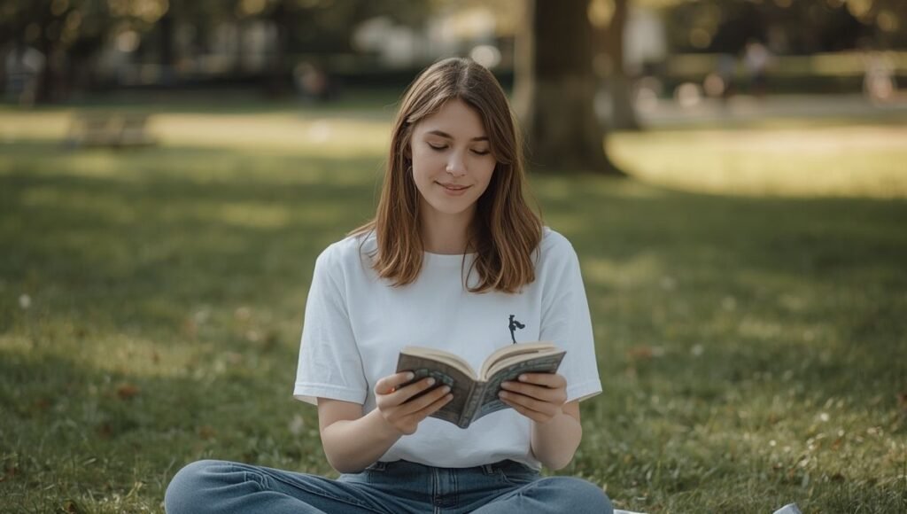 Young woman enjoying a solo picnic reading a book in a peaceful park setting showing the simple appeal of a low-key solo picnic outing