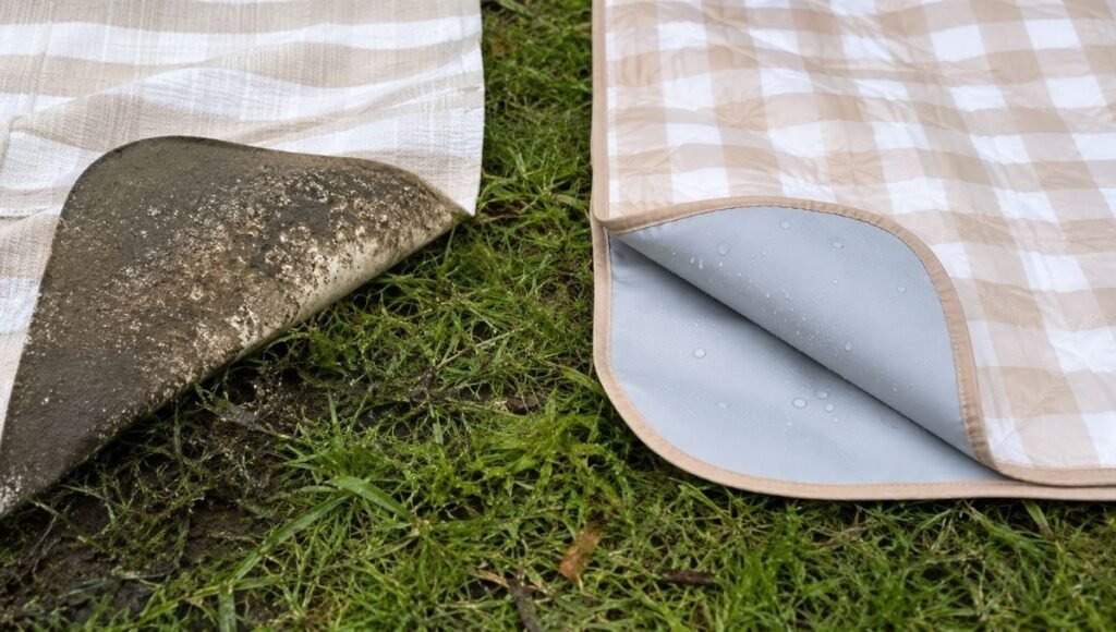 Side-by-side comparison of a regular blanket getting damp on wet grass versus a waterproof picnic blanket staying dry showing why waterproof backing matters
