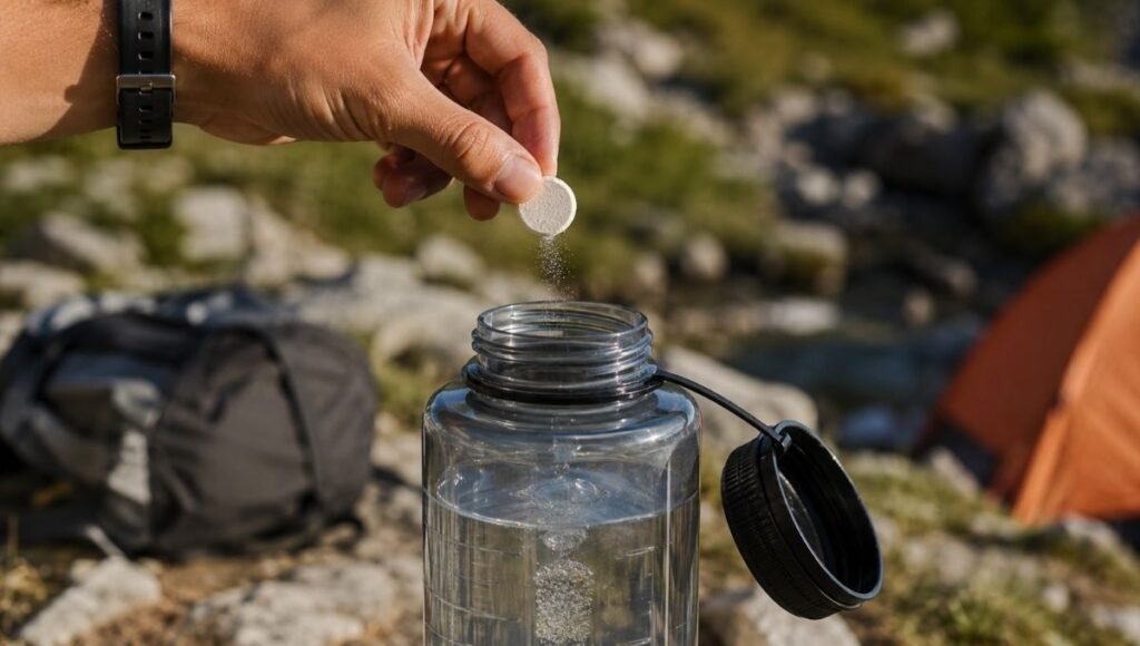 Close-up of a wide-mouth hiking water bottle with an electrolyte tablet being added showing the advantage of wide-mouth bottles for beginner hikers