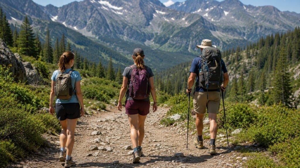 Three hikers with different experience levels walking the same mountain trail.