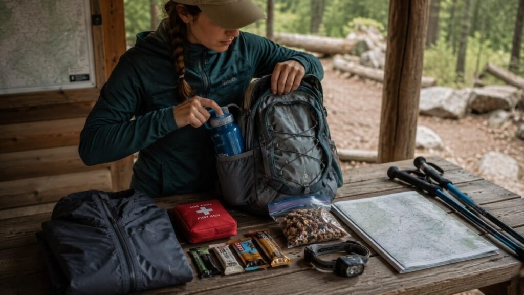 Beginner hiker packing a backpack with water, snacks, first aid kit, rain jacket, map, and headlamp before a hike.