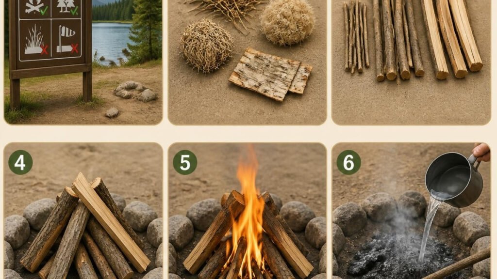 Quick visual guide showing the basic steps for building and extinguishing a campfire